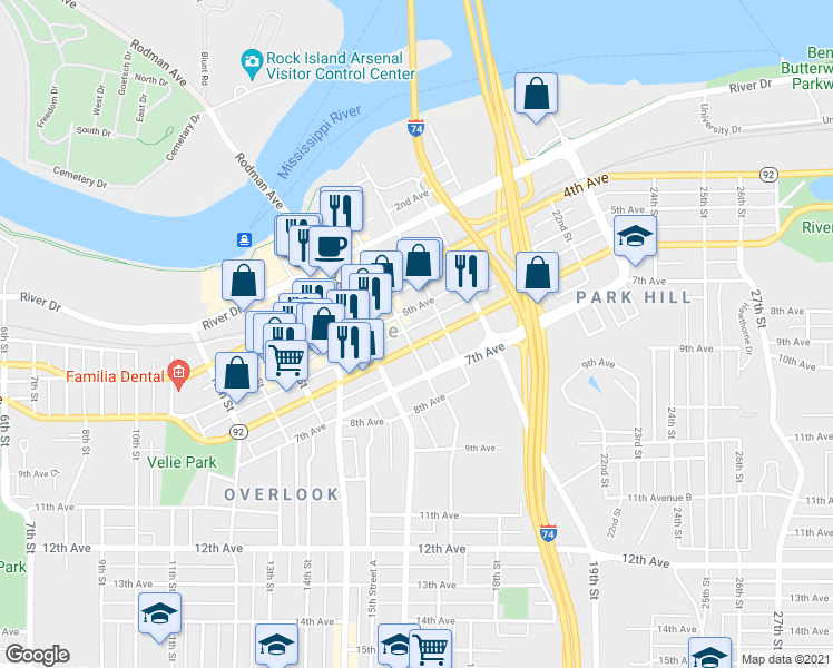 map of restaurants, bars, coffee shops, grocery stores, and more near 514 17th Street in Moline