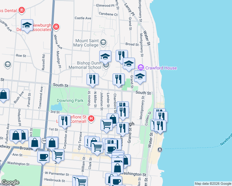 map of restaurants, bars, coffee shops, grocery stores, and more near 168 Chambers Street in Newburgh