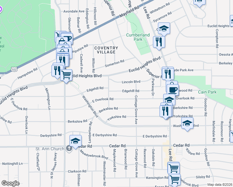 map of restaurants, bars, coffee shops, grocery stores, and more near 2990 Edgehill Road in Cleveland Heights
