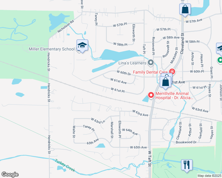 map of restaurants, bars, coffee shops, grocery stores, and more near 2621 West 61st Place in Merrillville