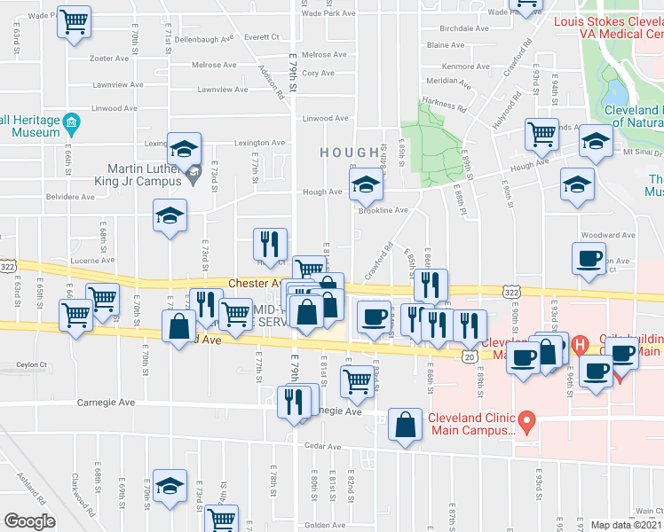 map of restaurants, bars, coffee shops, grocery stores, and more near 1895 E 81st St in Cleveland