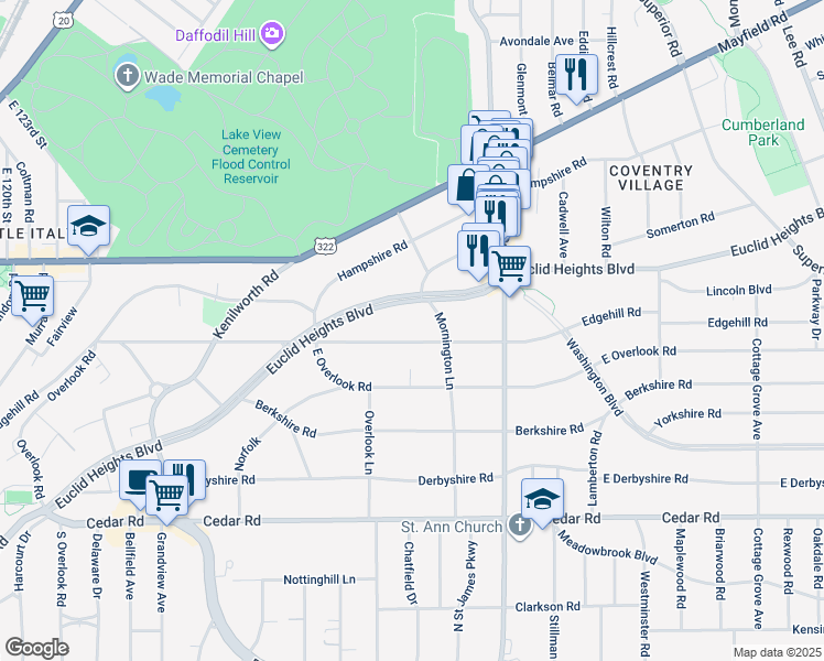 map of restaurants, bars, coffee shops, grocery stores, and more near 2697 Edgehill Rd in Cleveland Heights