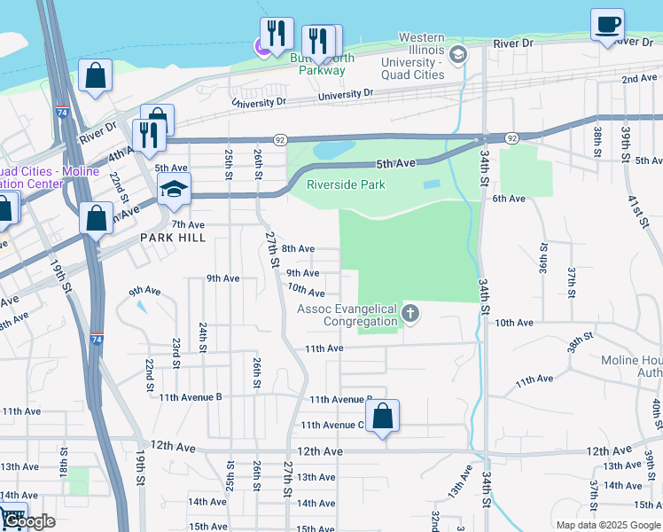 map of restaurants, bars, coffee shops, grocery stores, and more near 2829 9th Avenue in Moline