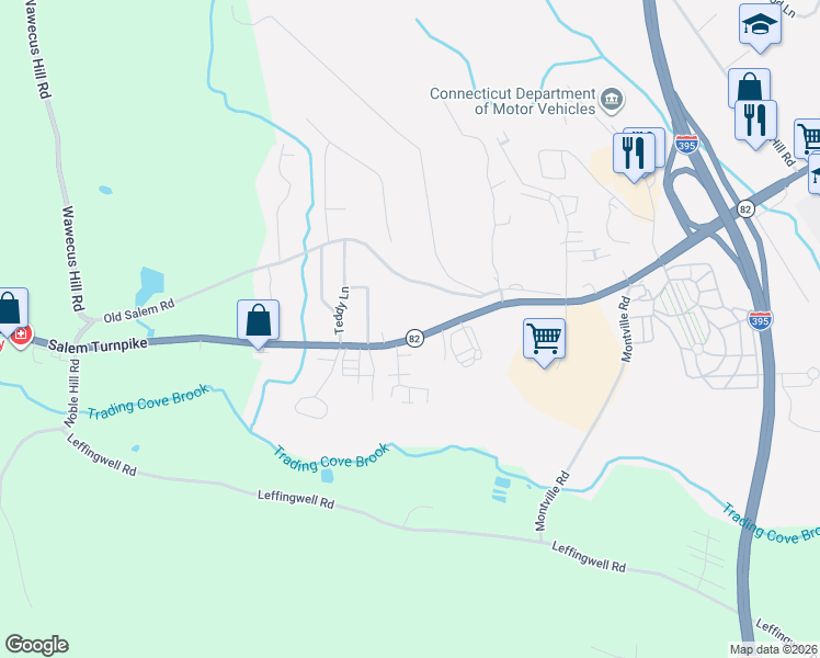 map of restaurants, bars, coffee shops, grocery stores, and more near 289 Salem Turnpike in Norwich