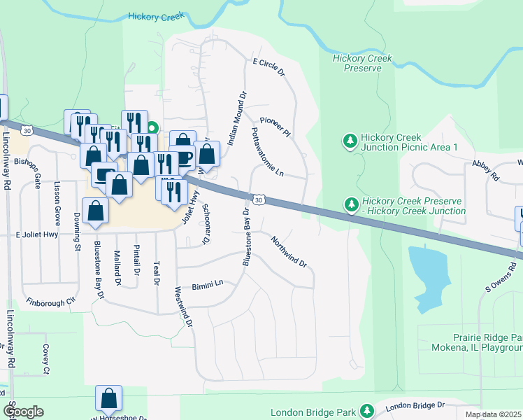 map of restaurants, bars, coffee shops, grocery stores, and more near 663 Kristen Court in New Lenox