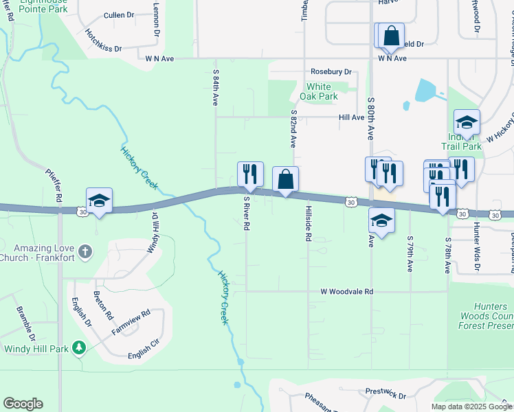 map of restaurants, bars, coffee shops, grocery stores, and more near 8263 West Lincoln Highway in Frankfort