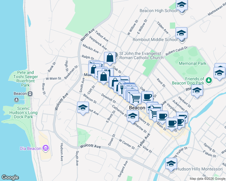 map of restaurants, bars, coffee shops, grocery stores, and more near 267B Main Street in Beacon