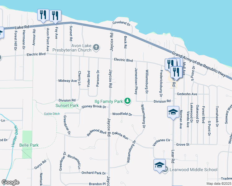 map of restaurants, bars, coffee shops, grocery stores, and more near 217 Jaycox Road in Avon Lake