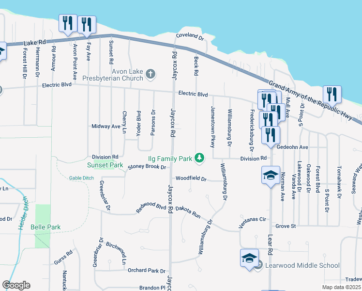 map of restaurants, bars, coffee shops, grocery stores, and more near 217 Jaycox Road in Avon Lake