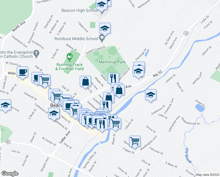 map of restaurants, bars, coffee shops, grocery stores, and more near 30 Franklin Avenue in Beacon