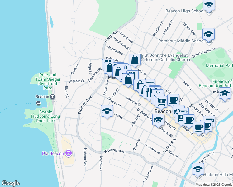 map of restaurants, bars, coffee shops, grocery stores, and more near 1 Dewindt Street in Beacon