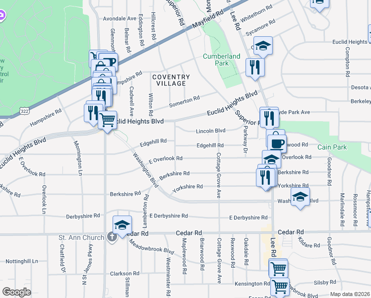 map of restaurants, bars, coffee shops, grocery stores, and more near 2990 Edgehill Road in Cleveland Heights