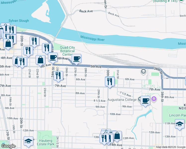 map of restaurants, bars, coffee shops, grocery stores, and more near 2830-32 5 1/2 Avenue in Rock Island