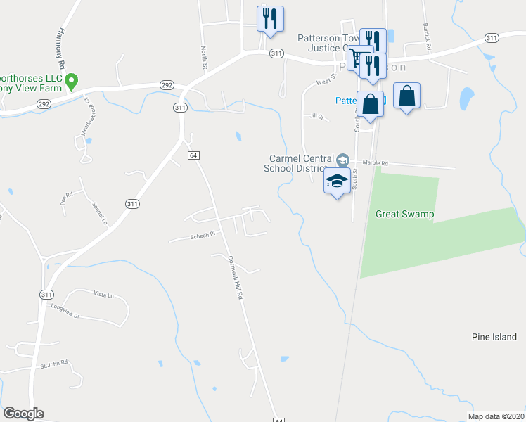 map of restaurants, bars, coffee shops, grocery stores, and more near 325 Cornwall Meadows in Patterson