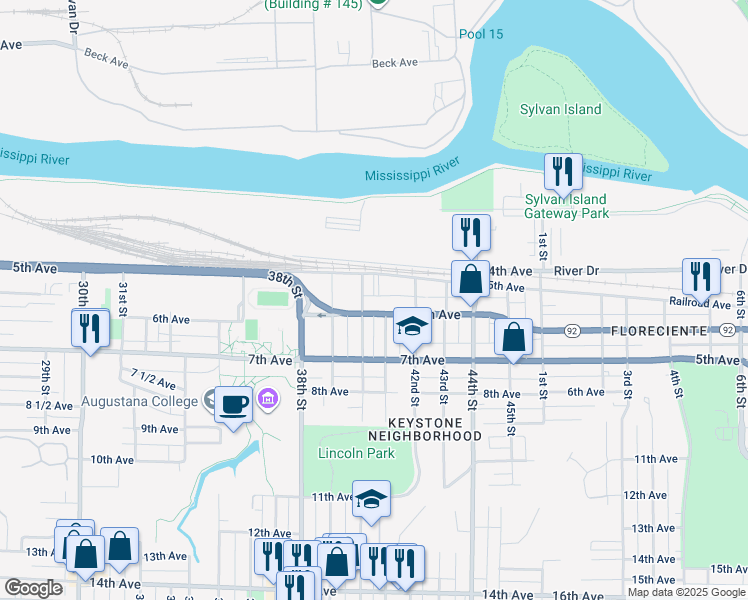 map of restaurants, bars, coffee shops, grocery stores, and more near 4015 6th Avenue in Rock Island