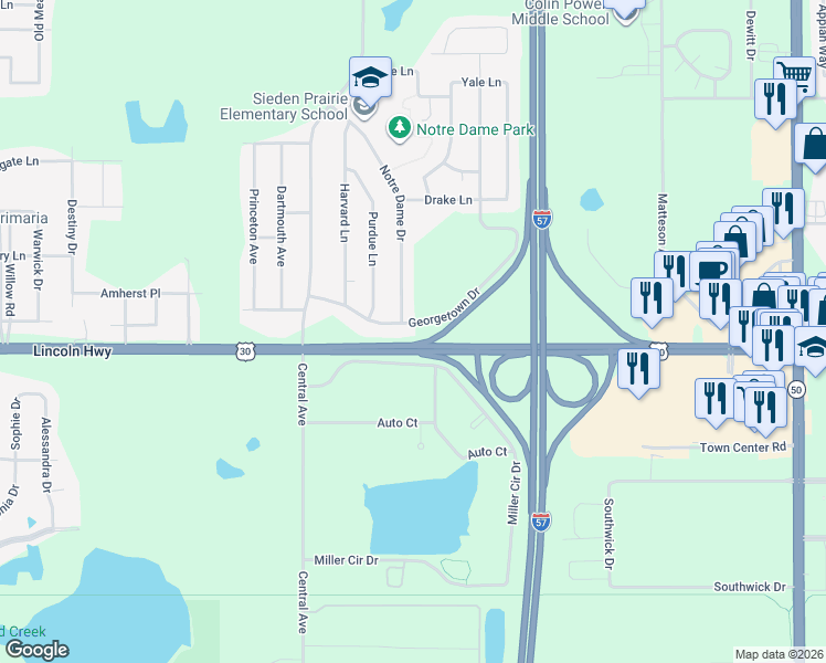 map of restaurants, bars, coffee shops, grocery stores, and more near 5415 Georgetown Drive in Matteson
