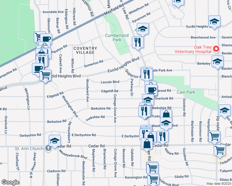 map of restaurants, bars, coffee shops, grocery stores, and more near 3076 Edgehill Road in Cleveland Heights