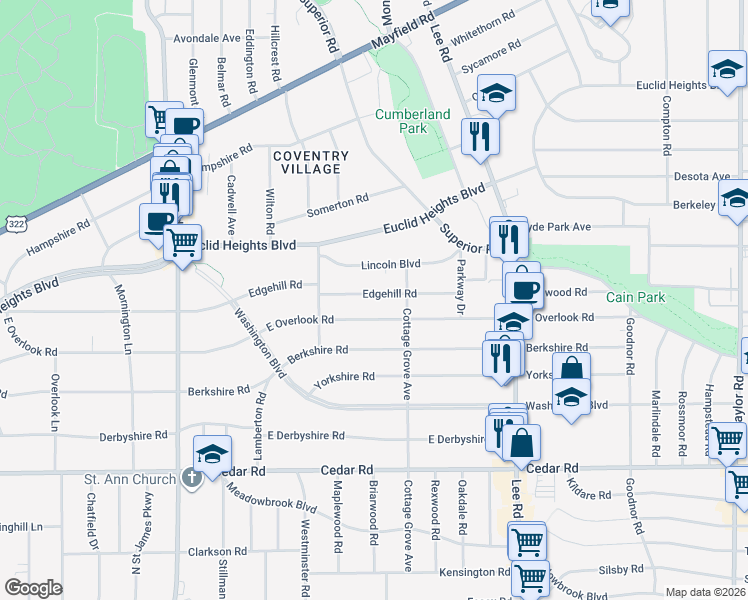 map of restaurants, bars, coffee shops, grocery stores, and more near 3030 Edgehill Road in Cleveland Heights