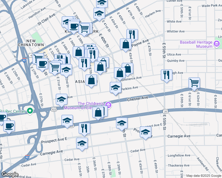 map of restaurants, bars, coffee shops, grocery stores, and more near 3841 Perkins Avenue in Cleveland