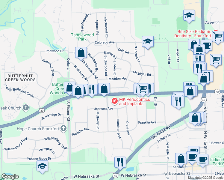 map of restaurants, bars, coffee shops, grocery stores, and more near 500 Lincoln Lane in Frankfort