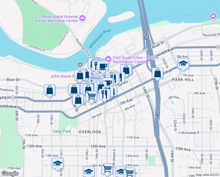map of restaurants, bars, coffee shops, grocery stores, and more near in Moline