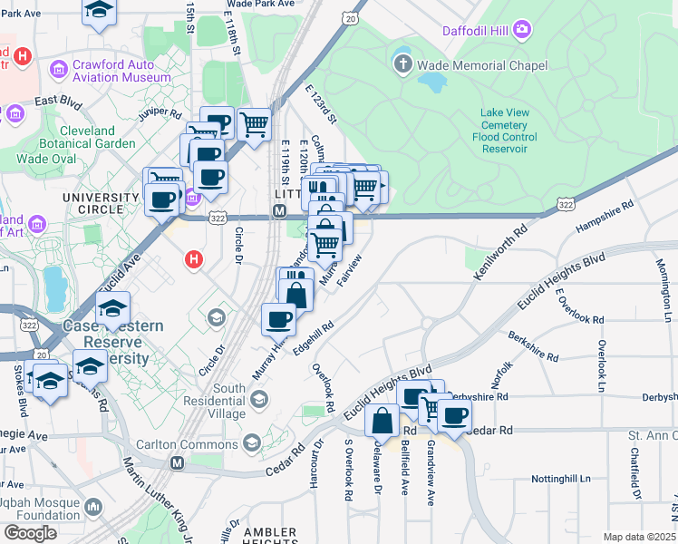 map of restaurants, bars, coffee shops, grocery stores, and more near 2081 Fairview in Cleveland