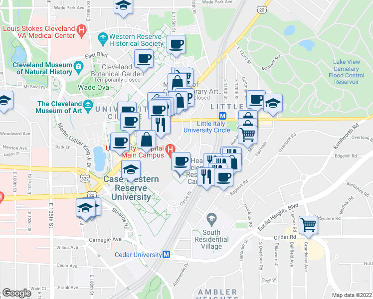 map of restaurants, bars, coffee shops, grocery stores, and more near 11615 Cornell Circle in Cleveland