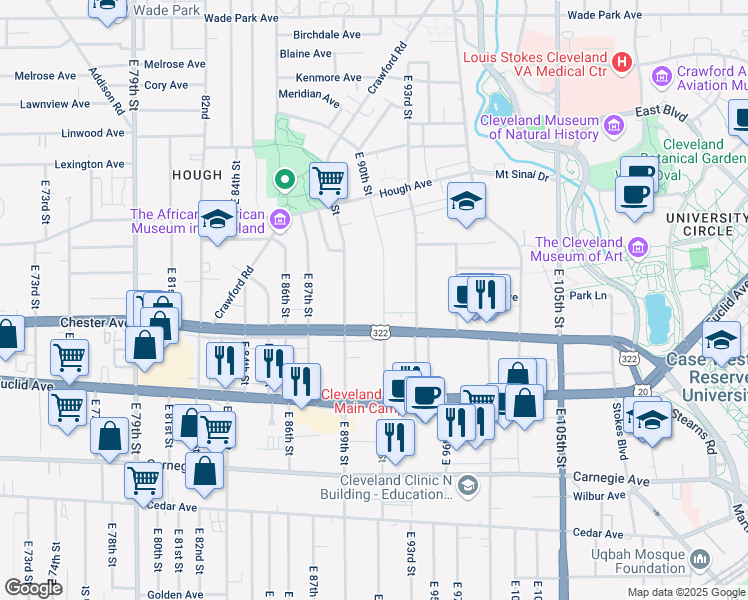map of restaurants, bars, coffee shops, grocery stores, and more near 1871 East 89th Street in Cleveland