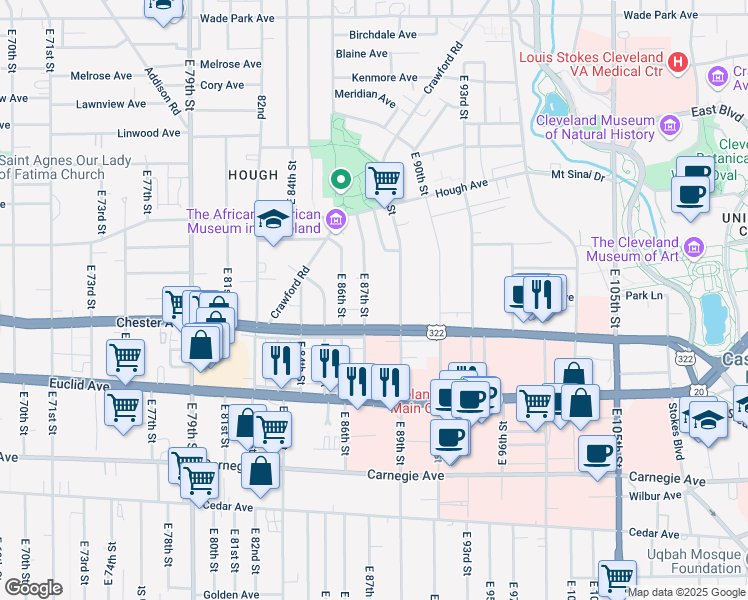 map of restaurants, bars, coffee shops, grocery stores, and more near 1855 East 87th Street in Cleveland
