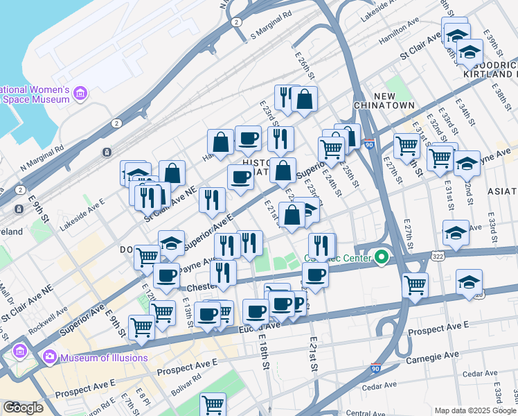 map of restaurants, bars, coffee shops, grocery stores, and more near 1522 East 19th Street in Cleveland