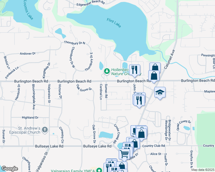 map of restaurants, bars, coffee shops, grocery stores, and more near 1304 Redwing Road in Valparaiso