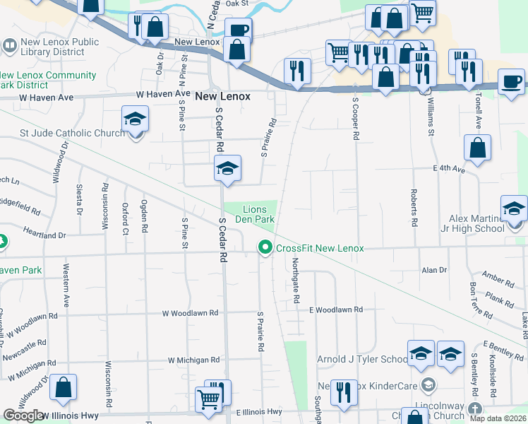 map of restaurants, bars, coffee shops, grocery stores, and more near in New Lenox