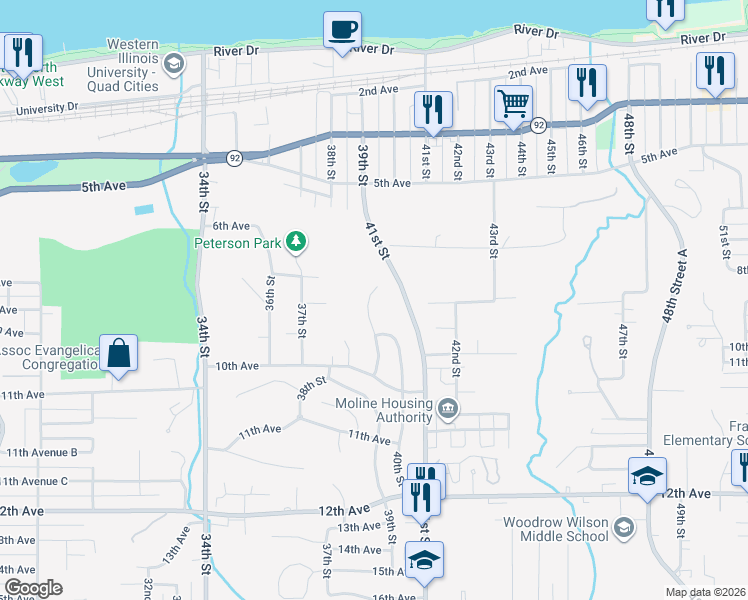map of restaurants, bars, coffee shops, grocery stores, and more near 918 40th Street Court in Moline