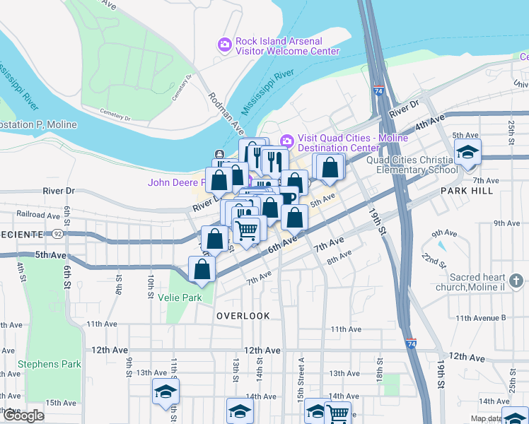 map of restaurants, bars, coffee shops, grocery stores, and more near 1409 5th Avenue in Moline