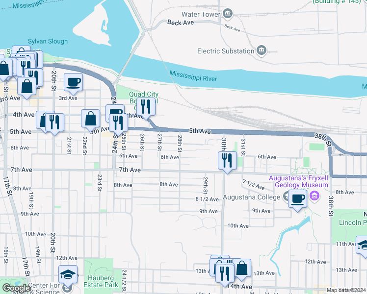 map of restaurants, bars, coffee shops, grocery stores, and more near 536 28th Street in Rock Island