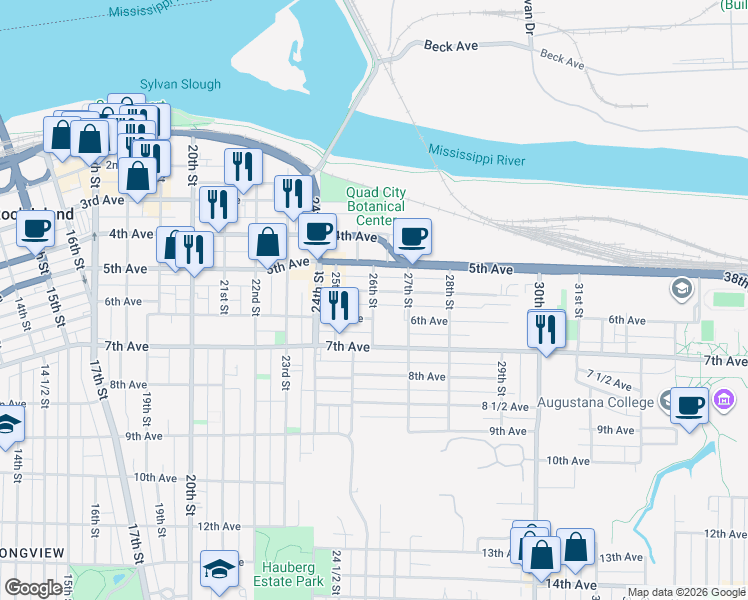 map of restaurants, bars, coffee shops, grocery stores, and more near 550 26th Street in Rock Island