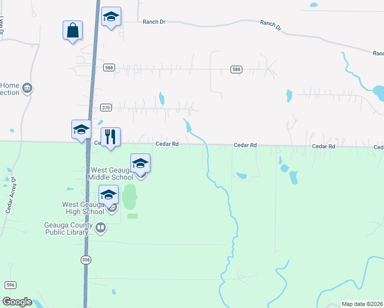 map of restaurants, bars, coffee shops, grocery stores, and more near 8706 Cedar Road in Chesterland