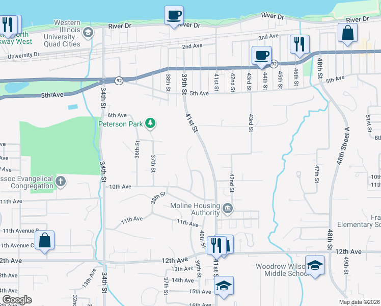 map of restaurants, bars, coffee shops, grocery stores, and more near 918 40th Street Court in Moline