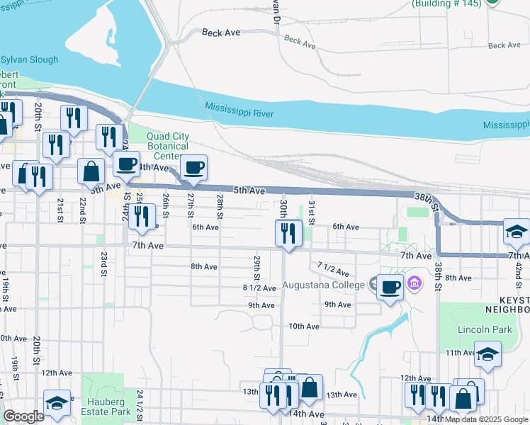 map of restaurants, bars, coffee shops, grocery stores, and more near 2912 5 1/2 Avenue in Rock Island