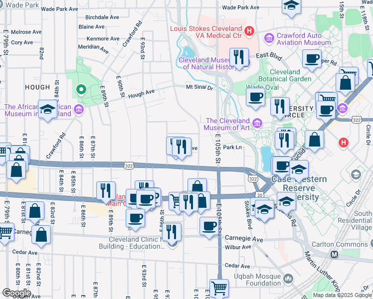 map of restaurants, bars, coffee shops, grocery stores, and more near 9908 Newton Avenue in Cleveland