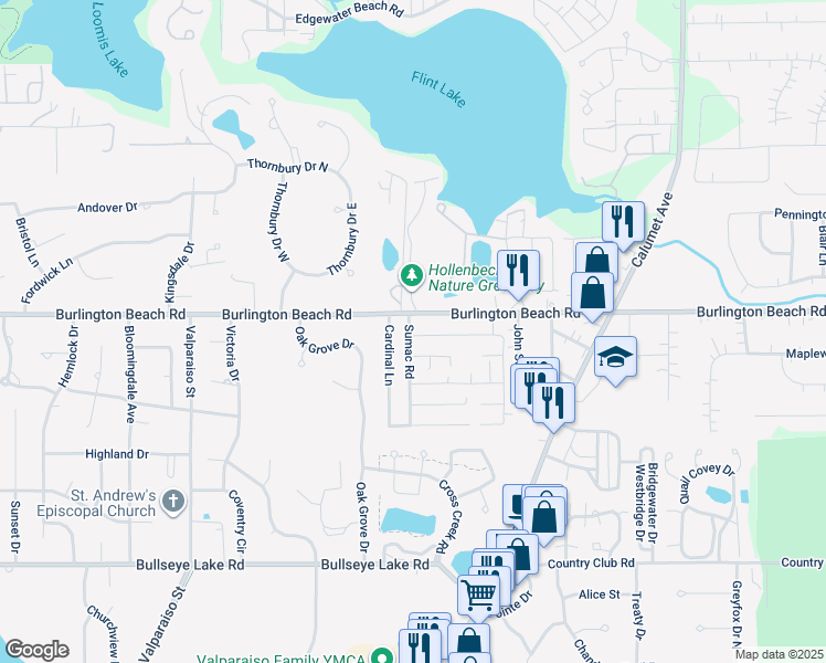 map of restaurants, bars, coffee shops, grocery stores, and more near 1304 Redwing Road in Valparaiso