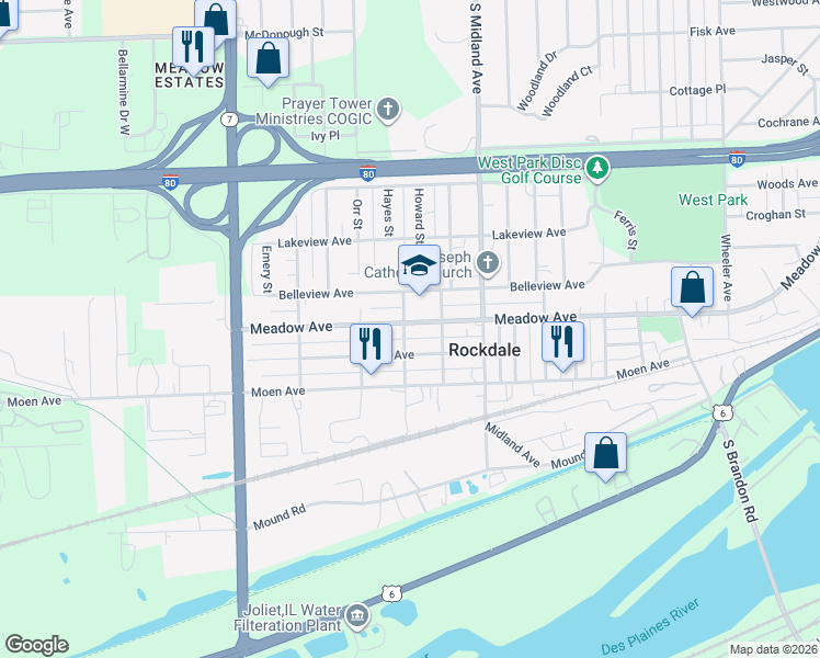 map of restaurants, bars, coffee shops, grocery stores, and more near 724 Meadow Avenue in Rockdale