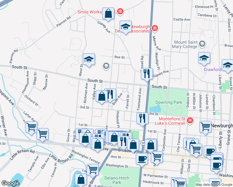 map of restaurants, bars, coffee shops, grocery stores, and more near 16 Norton Street in Newburgh