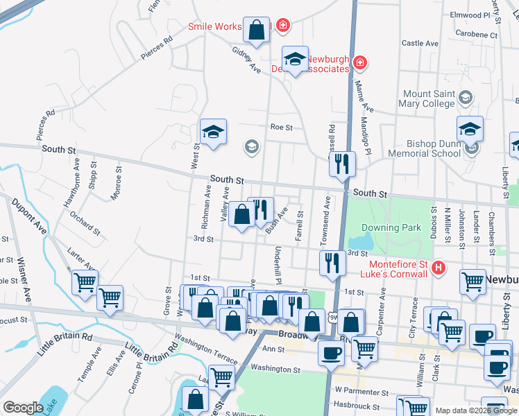 map of restaurants, bars, coffee shops, grocery stores, and more near Fullerton Avenue & Norton Street in Newburgh