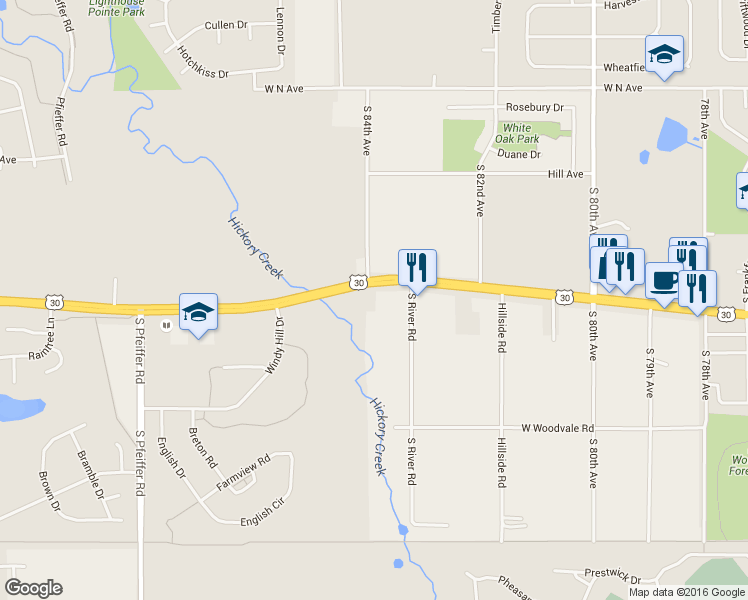 map of restaurants, bars, coffee shops, grocery stores, and more near 8346 West Lincoln Highway in Frankfort