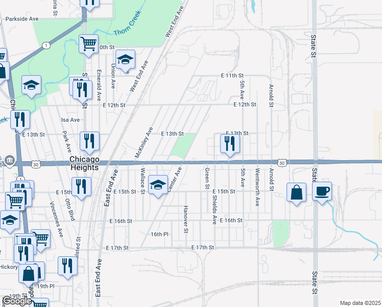 map of restaurants, bars, coffee shops, grocery stores, and more near 1335 Center Avenue in Chicago Heights