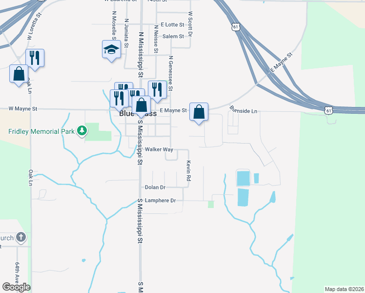 map of restaurants, bars, coffee shops, grocery stores, and more near 316 Walker Way in Blue Grass