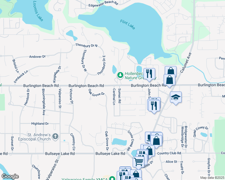 map of restaurants, bars, coffee shops, grocery stores, and more near 4203 Cardinal Lane in Valparaiso