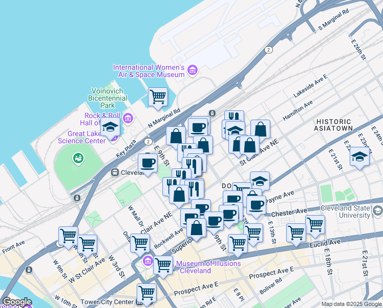 map of restaurants, bars, coffee shops, grocery stores, and more near 1111 Lakeside Avenue East in Cleveland