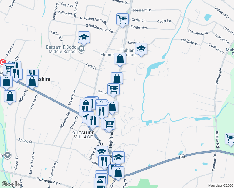 map of restaurants, bars, coffee shops, grocery stores, and more near 292 Highland Avenue in Cheshire